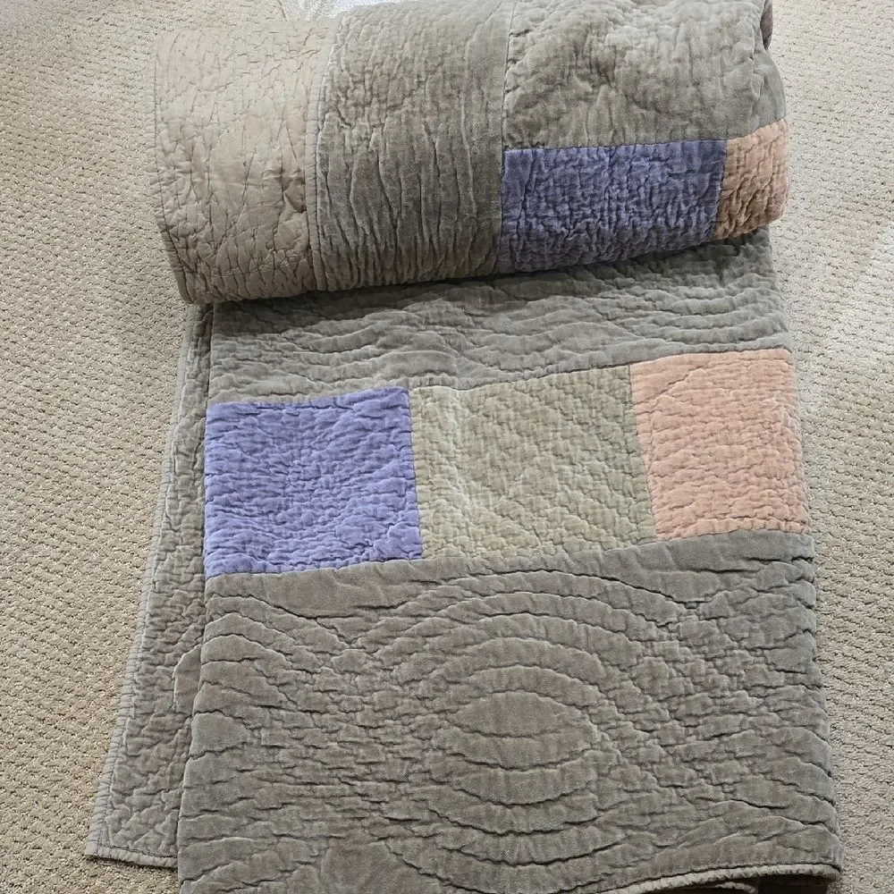Pottery Barn Patchwork Quilt in Gray, Lavender, and Beige